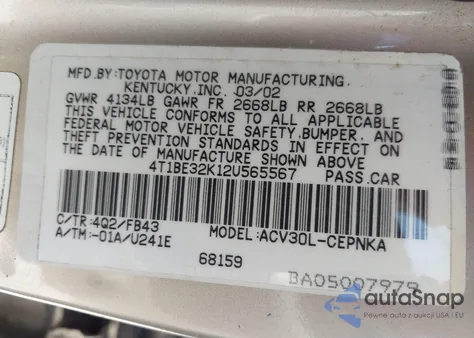 2002 Toyota Camry Le z USA, uszkodzony, nr VIN 4T1BE32K12U565567